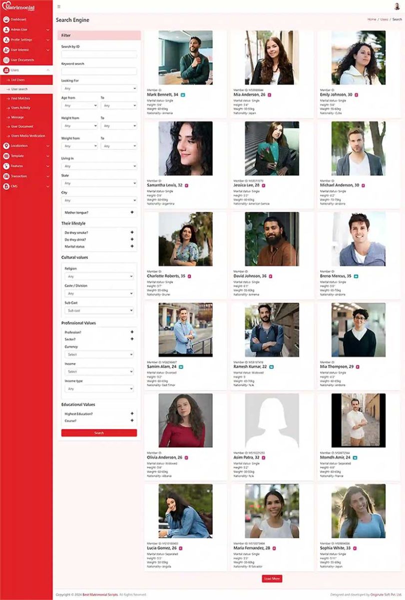 Ready-Made Matrimony Dashboard Demo View